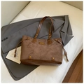 Borsa tote vintage in pelle scamosciata marrone con finiture in pelle e oro - Marrone