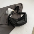 Minimalist black dumpling shoulder bag in premium lychee pattern leather with silver buckle - Black