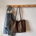 Minimalist large dark brown woven tote bag with shoulder straps for women - Beige Khaki Without Charm