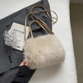 Bolso de mano chic en felpa beige con asas de cuero marrón y gran capacidad interior - Caqui Claro