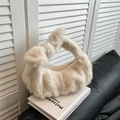 Fashionable cream white plush half moon bag with knotted handle and gold zipper - White