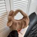 Brown faux fur cloud bag with cute rabbit ears and fluffy plush texture for women - Dark Khaki