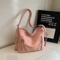 Close-up of pink matte suede bag featuring star-shaped zippers and stylish pocket details - Pink