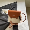 White woven crossbody bag with brown leather flap and colorful wooden bead charm detail - Cream White With Pendant