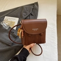 Brown patchwork retro crossbody bag with woven texture and a beaded charm detail - Brown with Pendant