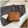 Brown woven leather tote bag with long shoulder straps and vintage texture finish - Brown No Pendant