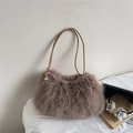 Light brown faux fur shoulder bag with leather strap and golden metal hardware - Brown