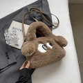 Borsa tote marrone in peluche con ricamo grandi occhi e tracolla in pelle marrone - Cachi scuro