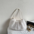 Chic white faux fur shoulder bag with slender leather straps and gold rings - Off White