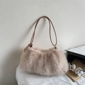 Beige faux fur shoulder bag with slender leather straps and soft plush texture - Light Khaki