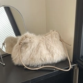 Sac à épaule minimaliste en fausse fourrure beige avec bandoulière en cuir et nœud - Kaki (Sans Pendentif)