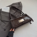 Retro dark brown oil wax leather underarm bag with silver metal plate and adjustable strap - Brown