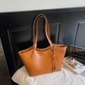 Vintage brown leather tote bag with wooden bead tassel decoration for women - With Charm / Yellow Brown