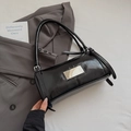 Glossy black patent leather underarm bag with silver buckle and vintage shoulder strap - Black