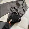 Chic black Boston bag with silver studs on grey suit jacket background - Black without Pendant