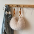 Plush apricot faux fur hobo bag with braided handle and wooden beads for women - Khaki