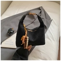 Black quilted hobo bag in suede with bohemian bead charm and adjustable long strap - Black