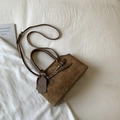 Deep brown suede tote bag with leather straps and silver metal buckle detailing - Brown