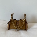 Brown suede shoulder bag with classic quilted pattern and golden metal chain strap - Brown
