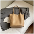 Detail of the high-capacity woven tote bag in tan showing texture and slim shoulder straps - Khaki (No Pendant)