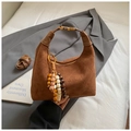 Brown suede hobo shoulder bag with rhombus stitching and wooden bead tassel - Brown