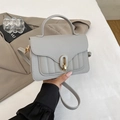 Detail of grey lychee leather crossbody bag featuring an elegant gold-tone enamel buckle - Gray