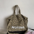 Leopard print canvas tote bag with MUTING lettering and adjustable shoulder strap - Khaki Leopard
