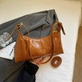 Brown patent leather baguette shoulder bag with glossy texture and detachable strap - Brown