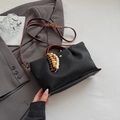 Chic black canvas crossbody bag with pleated details and brown leather strap for women - Black With Pendant