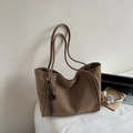 Retro large capacity tote bag in dark khaki leather with woven rope pendant detail - Khaki With Pendant