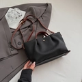 Minimalist black pleated fabric crossbody bag with brown leather handles and gold metal buckle - Black without Pendant