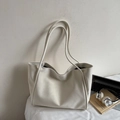 Minimalist large creamy white leather tote bag for women showing spacious interior design - Off-white Without Pendant