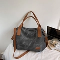 Große Vintage-Tragetasche aus rauchgrauem Canvas mit verstellbaren braunen Schultergurten - Schwarz