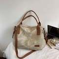 Vintage Khaki Segeltuch Shopper mit braunen Trägern und großem Fassungsvermögen für Damen - Cremeweiß