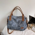 Vintage-Canvas-Einkaufstasche in Graublau und Braun mit großem Fassungsvermögen und Gurt - Blau