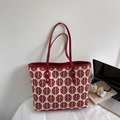 Modieuze rood-witte canvas draagtas met feestelijk囍patroon en rode leren handvatten - Wijnrood 1