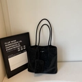 Large black frosted tote bag with long double straps and a matching square charm pouch - Black