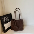 Retro dark brown large tote bag with a matching mini pouch and slim shoulder straps - Coffee