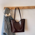 Minimalist large capacity dark brown tote bag with vintage leather finish and shoulder strap - No Pendant / Coffee