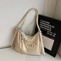 Minimalist beige PU leather tote bag with woven charm for women’s daily commute - White