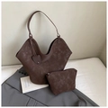 Detail of vintage brown suede tote bag set with matching small pouch on a white surface - 2-Piece Set Bag / Brown