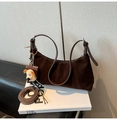 Brown suede hobo bag with vertical stitching, plush puppy charm and spare strap - Coffee With Pendant
