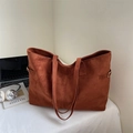 Brown suede tote bag for women with minimalist shoulder straps and side metal buckles - Brown
