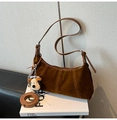 Brown vintage crescent underarm bag with decorative puppy charm and adjustable strap - Brown with Pendant