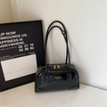Glossy black leather tote bag with gold lettering and dual zipper for women - No Pendant / Black