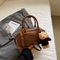 Brown vintage faux leather crossbody bag with a plush bear charm and MIRA MIRA logo - Plush Bear Pendant Style / Brown