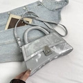 Retro silver metallic faux leather hourglass handbag with top handle and crossbody strap - Silver