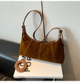 Brown suede hobo crescent bag with decorative stitching and dual shoulder straps - Brown No Pendant