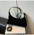 Black oiled leather crescent hobo bag with adjustable silver buckle and long shoulder strap - Black without Pendant