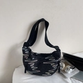 Quilted black nylon crescent bag with colorful embroidery and wide shoulder strap - Black Small